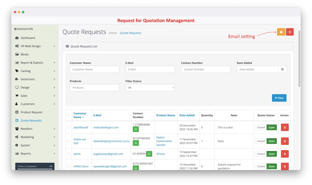 request for quotation management on opencart admin dashboard